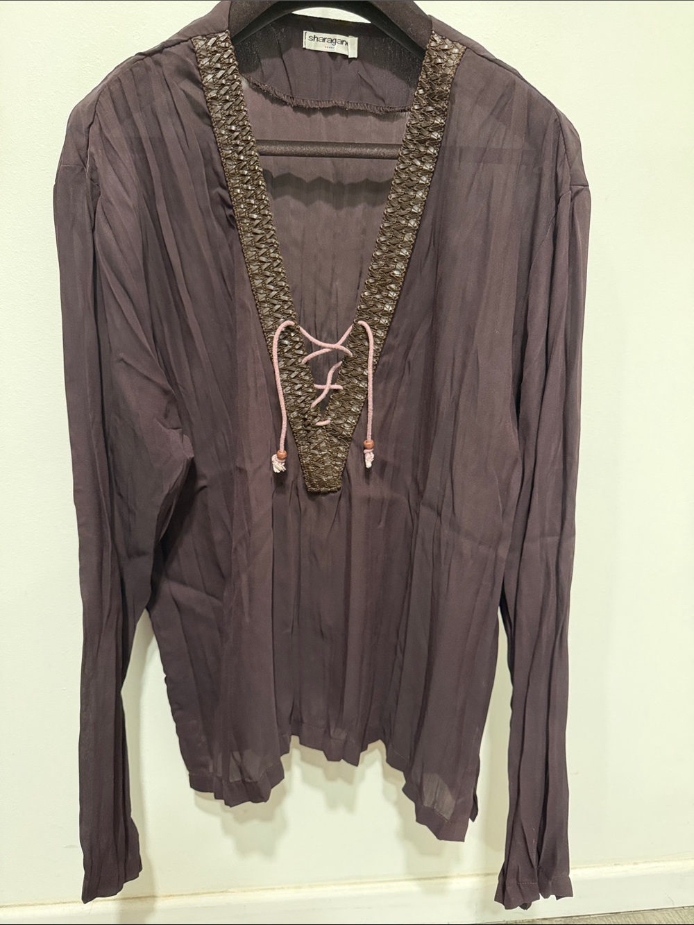Sharagano Paris Chocolate Sheer V-Neck with Braided Trim detail